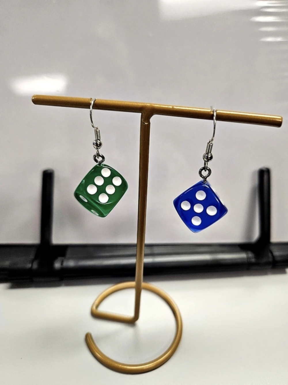 Dice Charm Dangle Earrings in Green & Blue